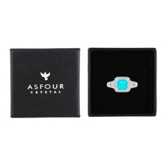 Asfour Crystal Split Shank Halo Ring With Turquoise Square Design In 925 Sterling Silver-RM0152-GC-8