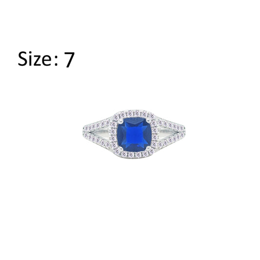 Asfour Crystal Split Shank Halo Ring With Blue Square Design In 925 Sterling Silver-RM0153-WB-7