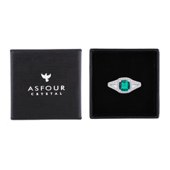 Asfour Crystal Split Shank Halo Ring With Emerald Green Square Design In 925 Sterling Silver-RM0153-WG-7