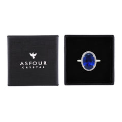 Asfour Crystal Halo Ring With Blue Oval Design In 925 Sterling Silver-RM0160-B-8