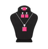 Asfour Crystal Jewelry Set Of Necklace & Earrings & Ring With Fuchsia Square Design Inlaid With Zircon In 925 Sterling Silver-SD0014-F-7