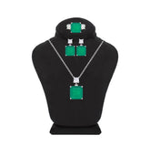 Asfour Crystal Jewelry Set Of Necklace & Earrings & Ring With Emerald Square Design Inlaid With Zircon In 925 Sterling Silver-SD0014-G-8