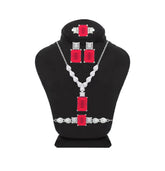 Asfour Crystal Jewelry Set Of Necklace & Bracelet & Earrings And Ring With Ruby Decorative Emerald Design In 925 Sterling Silver-SD0015-R-9