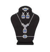 Asfour Crystal Jewelry Set Of Necklace & Bracelet & Earrings And Ring With Blue Decorative Design Inlaid With Zircon In 925 Sterling Silver-SD0016-WB-8