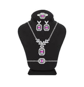 Asfour Crystal Jewelry Set Of Necklace & Bracelet & Earrings And Ring With Fuchsia Decorative Design Inlaid With Zircon In 925 Sterling Silver-SD0016-WF-7