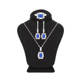 Asfour Crystal Jewelry Set Of Necklace & Earrings & Ring With Blue Decorative Emerald Design In 925 Sterling Silver-SD0017-B-6