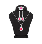 Asfour Crystal Jewelry Set Of Necklace & Earrings & Ring With Fuchsia Decorative Emerald Design In 925 Sterling Silver-SD0017-F-6
