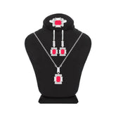 Asfour Crystal Jewelry Set Of Necklace & Earrings & Ring With Ruby Decorative Emerald Design In 925 Sterling Silver-SD0017-R-8