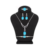 Asfour Crystal Jewelry Set Of Necklace & Bracelet & Earrings And Ring With Decorative Aquamarine Oval Design In 925 Sterling Silver-SD0018-M-8