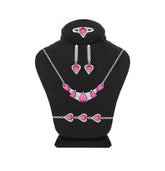 Asfour Crystal Jewelry Set Of Necklace & Bracelet & Earrings And Ring With Decorative Dark Rose Pear Design In 925 Sterling Silver-SD0019-O5-7