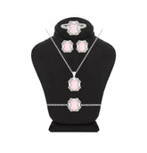 Asfour Crystal Jewelry Set Of Necklace & Bracelet & Earrings And Ring With Rose Emerald Design Inlaid With Zircon In 925 Sterling Silver-SD0026-O-8