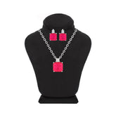 Asfour Crystal Jewelry Set Of Necklace And Earrings With Fuchsia Square Design In 925 Sterling Silver-SD0027-F
