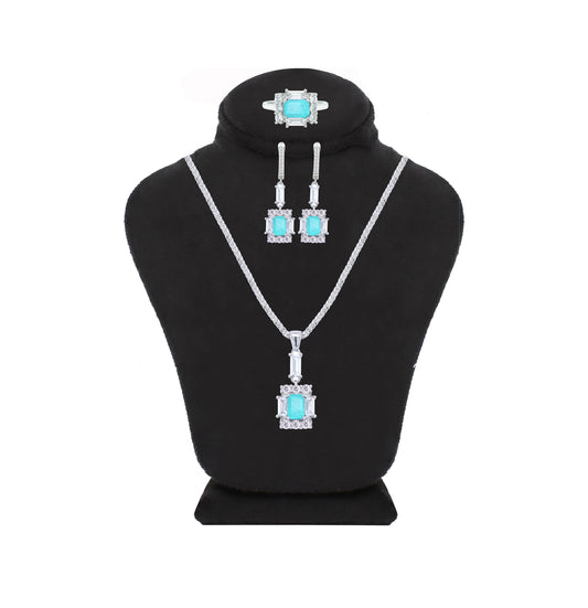 Asfour Crystal Jewelry Set With Decorative Light Turquoise Emerald Design In 925 Sterling Silver-SD0050-LGC-9