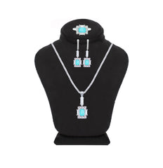 Asfour Crystal Jewelry Set With Decorative Light Turquoise Emerald Design In 925 Sterling Silver-SD0050-LGC-9