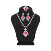 Asfour Crystal Jewelry Set With Decorative Fuchsia Hamsa Design In 925 Sterling Silver-SD0053-F-8