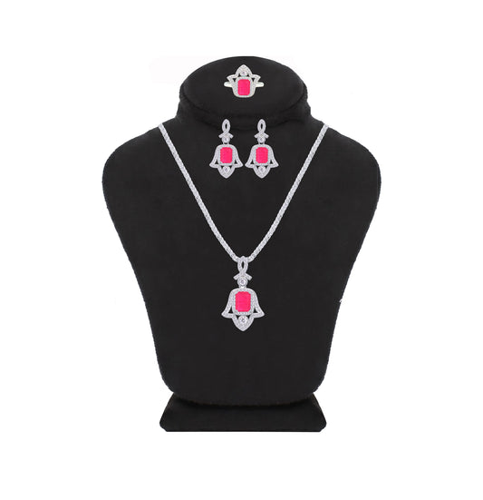 Asfour Crystal Jewelry Set With Fuchsia Hamsa Design In 925 Sterling Silver-SD0053-F-9