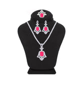 Asfour Crystal Jewelry Set With Decorative Fuchsia Hamsa Design In 925 Sterling Silver-SD0053-F-9