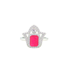 عصفور كريستال طقم فضة عيار 925 بتصميم كف يد ( خمسة ) فوشيا مرصع بفصوص الزركون - SD0053-F-9