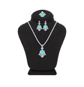 Asfour Crystal Jewelry Set With Decorative Light Turquoise Hamsa Design In 925 Sterling Silver-SD0053-LGC-9