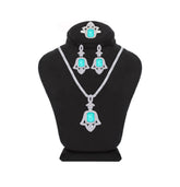 Asfour Crystal Jewelry Set With Decorative Light Turquoise Hamsa Design In 925 Sterling Silver-SD0053-LGC-9