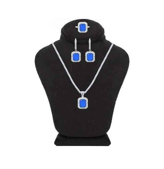 Asfour Crystal Jewelry Set With Blue emerald Cut Design In 925 Sterling Silver-SD0057-B-7