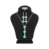 عصفور كريستال طقم فضة عيار 925 بتصميم مربعات لون تركواز فاتح مرصعة بالزركون - SD0058-LGC-9