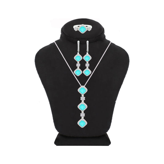 Asfour Crystal Jewelry Set With Light Turquoise Squares Design In 925 Sterling Silver-SD0058-LGC-9