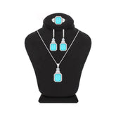 عصفور كريستال طقم فضة عيار 925 بتصميم اميرالد لون تركواز فاتح مرصع بالزركون - SD0059-LGC-7