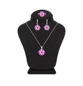 Asfour Crystal Jewelry Set With Fuchsia Flower Design In 925 Sterling Silver-SD0066-WF-9