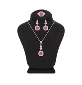 Asfour Crystal Jewelry Set With Fuchsia Square Design In 925 Sterling Silver-SD0073-F-8