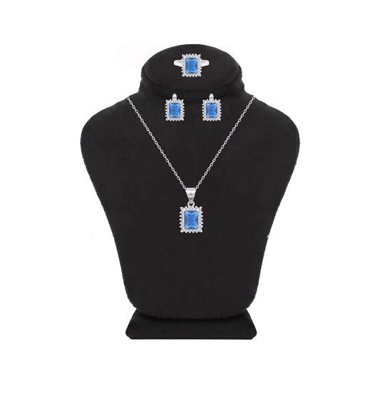 Asfour Crystal Jewelry Set With Blue Emerald Design In 925 Sterling Silver-SD0106-B-9