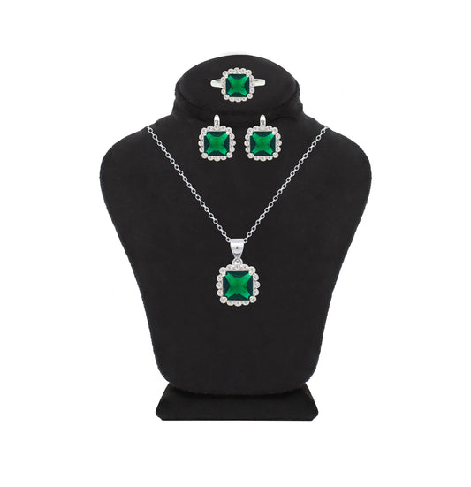Asfour Crystal Jewelry Set With Emerald Square Design In 925 Sterling Silver-SD0108-G-7