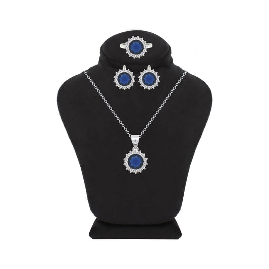 Asfour Crystal Jewelry Set With Halo Blue Round Design In 925 Sterling Silver-SD0113-B-7