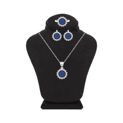 Asfour Crystal Jewelry Set With Halo Blue Round Design In 925 Sterling Silver-SD0113-B-7