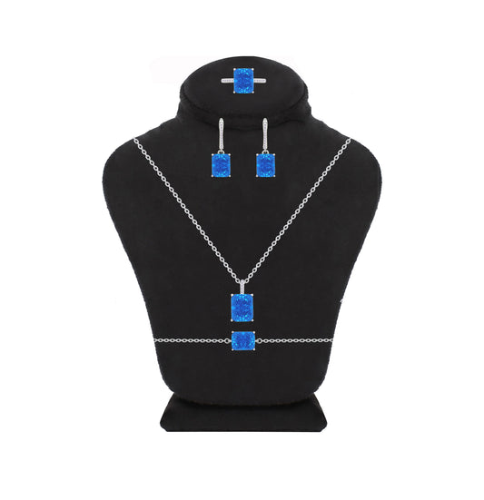 Asfour Crystal Jewelry Set With Dark Aquamarine Emerald Design In 925 Sterling Silver-SD0131-M5-9