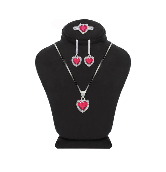 Asfour Crystal Jewelry Set With Dark Rose Heart Design In 925 Sterling Silver-SD0146-O5-7