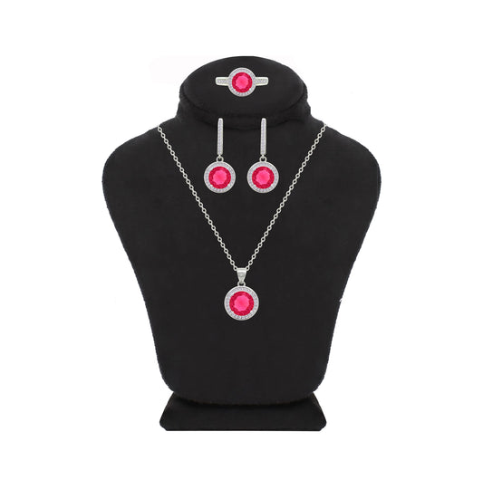 Asfour Crystal Jewelry Set With Dark Rose Round Design In 925 Sterling Silver-SD0148-O5-7