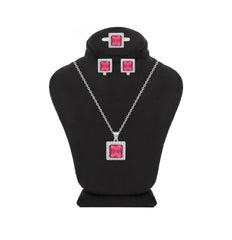 Asfour Crystal Jewelry Set With Dark Rose Square Design In 925 Sterling Silver-SD0153-O5-7