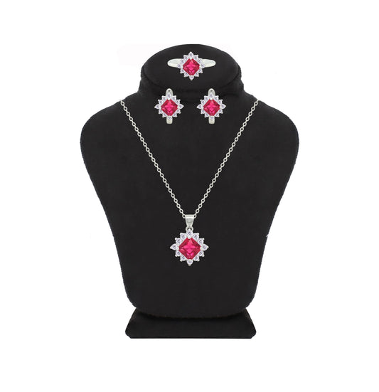 Asfour Creations Jewelry Set With Dark Rose Square Design In 925 Sterling Silver – SD0154-O5-8