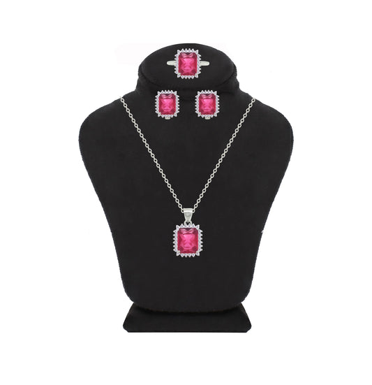 Asfour Crystal Jewelry Set With Dark Rose Emerald Design In 925 Sterling Silver-SD0155-O5-7