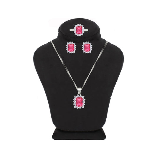 Asfour Crystal Jewelry Set With Dark Rose Emerald Design In 925 Sterling Silver-SD0156-A-O5-8