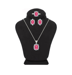 Asfour Crystal Jewelry Set With Dark Rose Emerald Design In 925 Sterling Silver-SD0156-O5-7