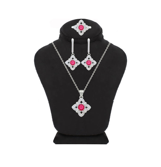 Asfour Crystal Jewelry Set With Dark Rose Flower Design In 925 Sterling Silver-SD0158-O5-7