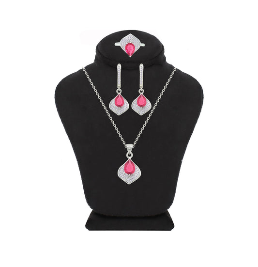 Asfour Crystal Jewelry Set With Dark Rose Pear Stones In 925 Sterling Silver-SD0161-O5-8