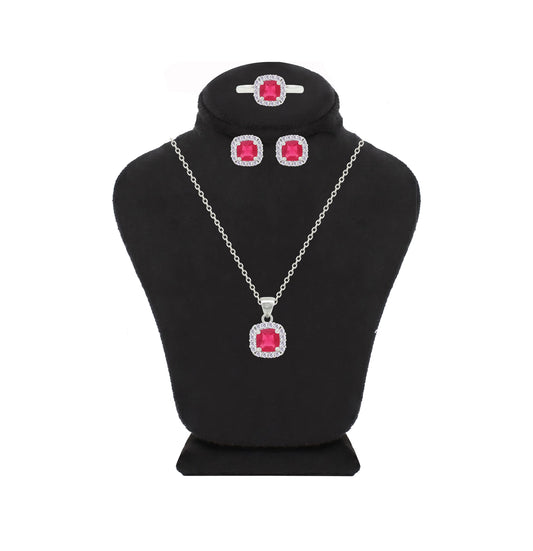 Asfour Crystal Jewelry Set With Dark Rose Square Design In 925 Sterling Silver-SD0172-A-O5-8
