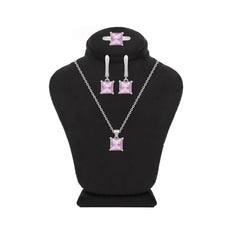 Asfour Crystal Jewelry Set With Rose Square Design In 925 Sterling Silver-SD0177-O-7