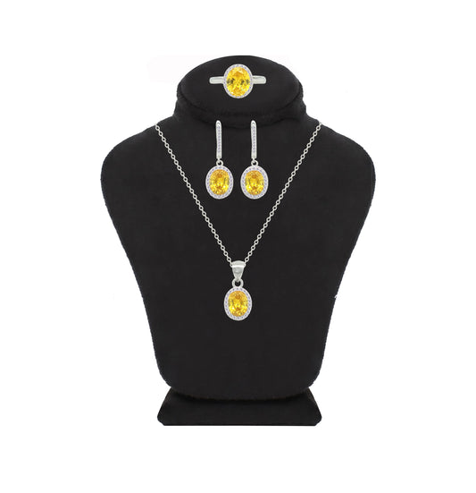 Asfour Crystal Jewelry Set With Yellow Oval Design In 925 Sterling Silver-SD0187-Y-9