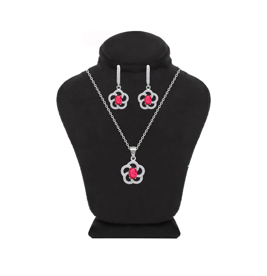 Asfour Crystal Jewelry Set With Dark Rose Floral Design In 925 Sterling Silver-SD0200-O5