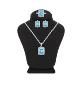 Asfour Crystal Jewelry Set Of Necklace, Earrings and Ring With Light Blue Emerald Design in 925 Sterling Silver-SM0003-LB-7