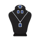 Asfour Crystal Jewelry Set Of Necklace, Earrings and Ring With Tenzanite Emerald Design in 925 Sterling Silver-SM0003-N5-7
